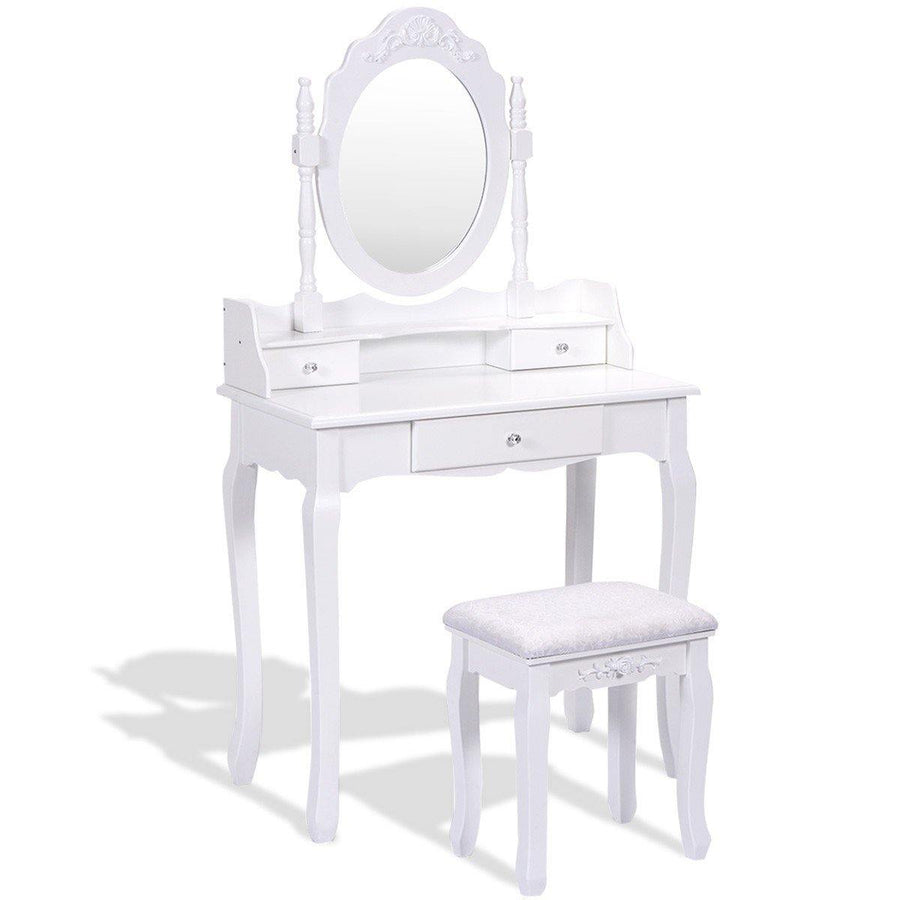 Vanity Table Set with Mirror and Stool for Bedroom 3 Drawers (White) - Giantexus