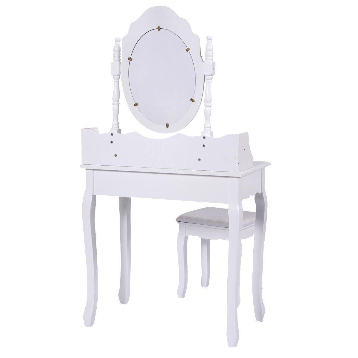 Vanity Table Set with Mirror and Stool for Bedroom 3 Drawers (White) - Giantexus