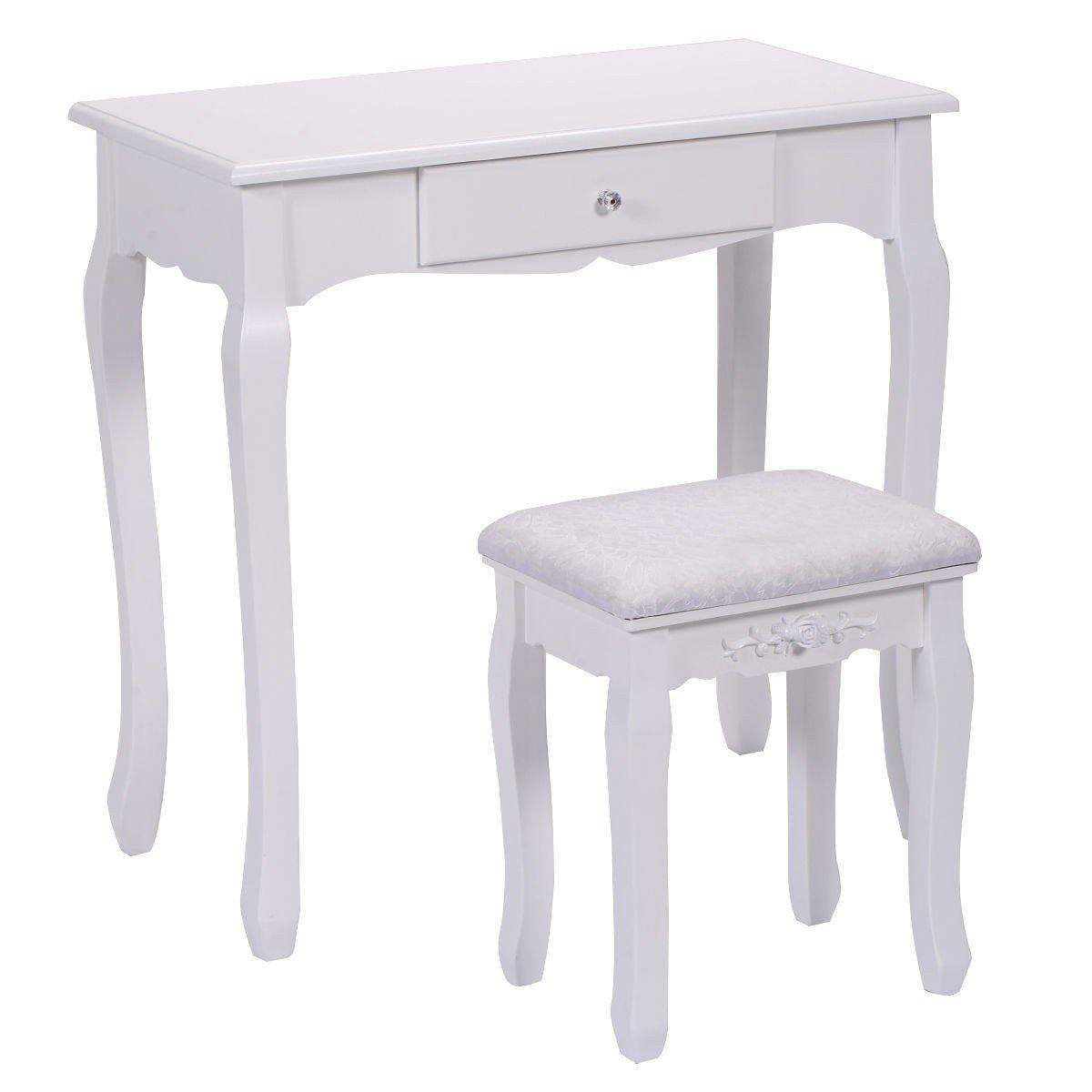 Vanity Table Set with Mirror and Stool for Bedroom 3 Drawers (White) - Giantexus