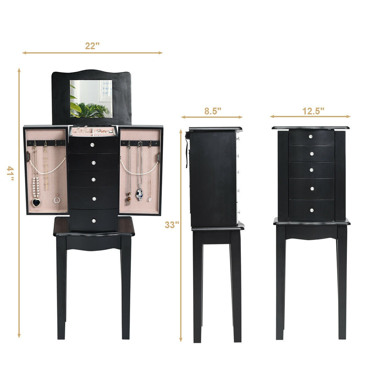Jewelry Chest Armoire Cabinet Standing with Mirror