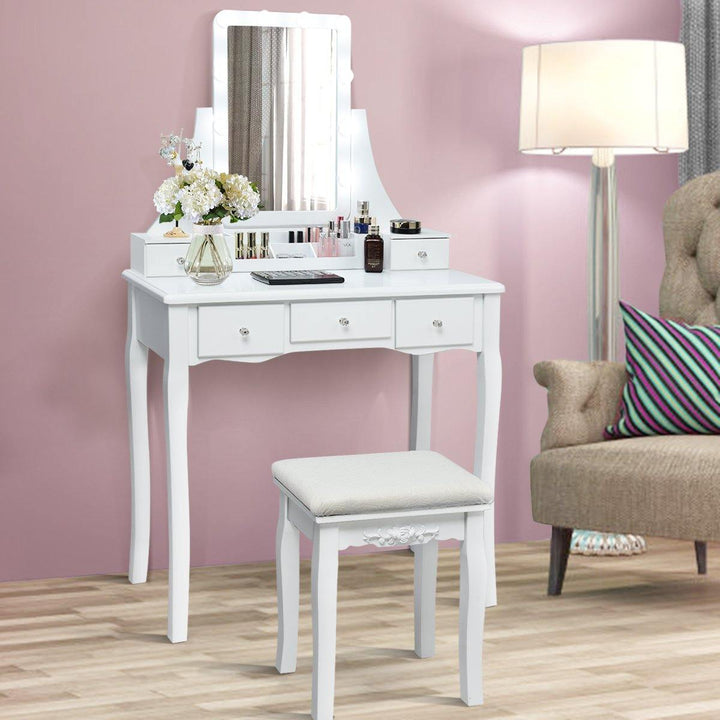 Vanity Set with Lighted Mirror, 10 Dimmable Light Bulbs Vanity Dressing Table, 5 Drawer with 2 Dividers Removable Organizer - Giantexus