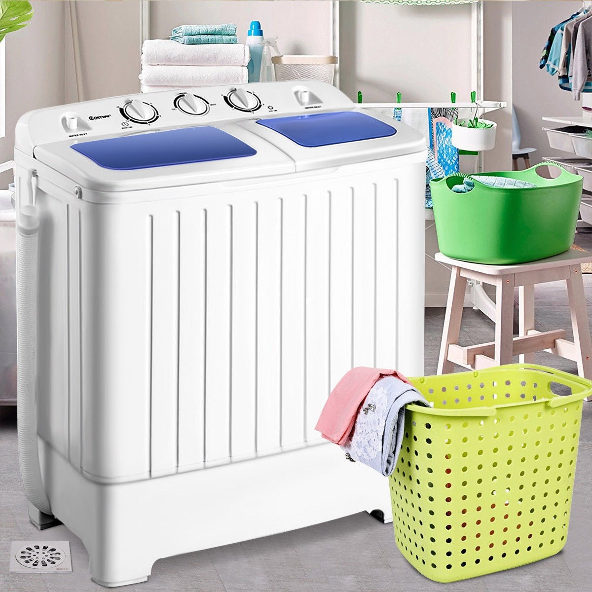 20 lbs Washer Spain Spinner Portable Washing Machine, Blue+ White