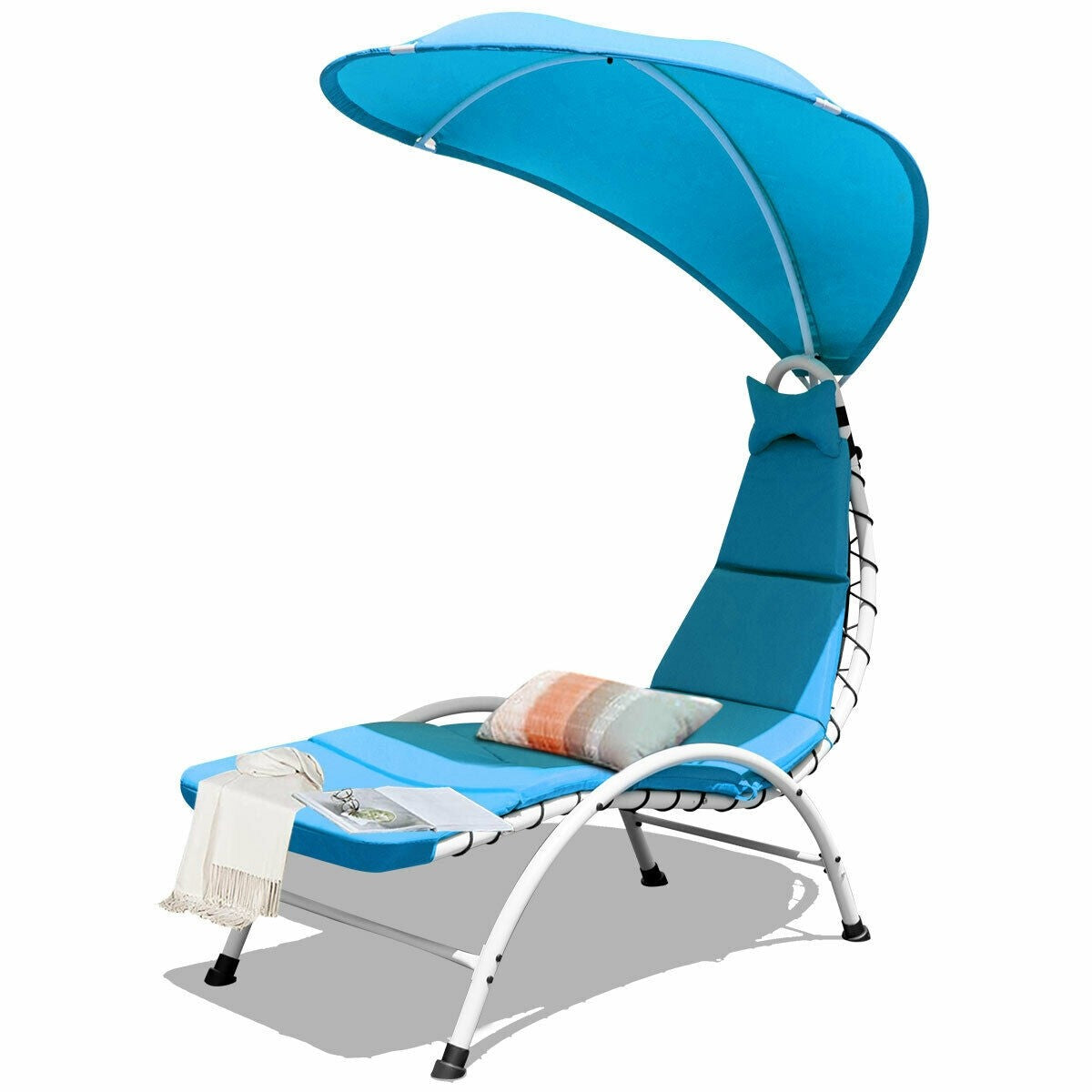 Lounger Chair w/ Canopy, Removable Headrest, Patio Chaise with Cushion (Beige)