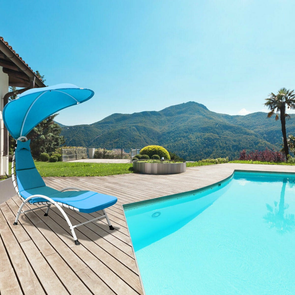 Lounger Chair w/ Canopy, Removable Headrest, Patio Chaise with Cushion (Beige)