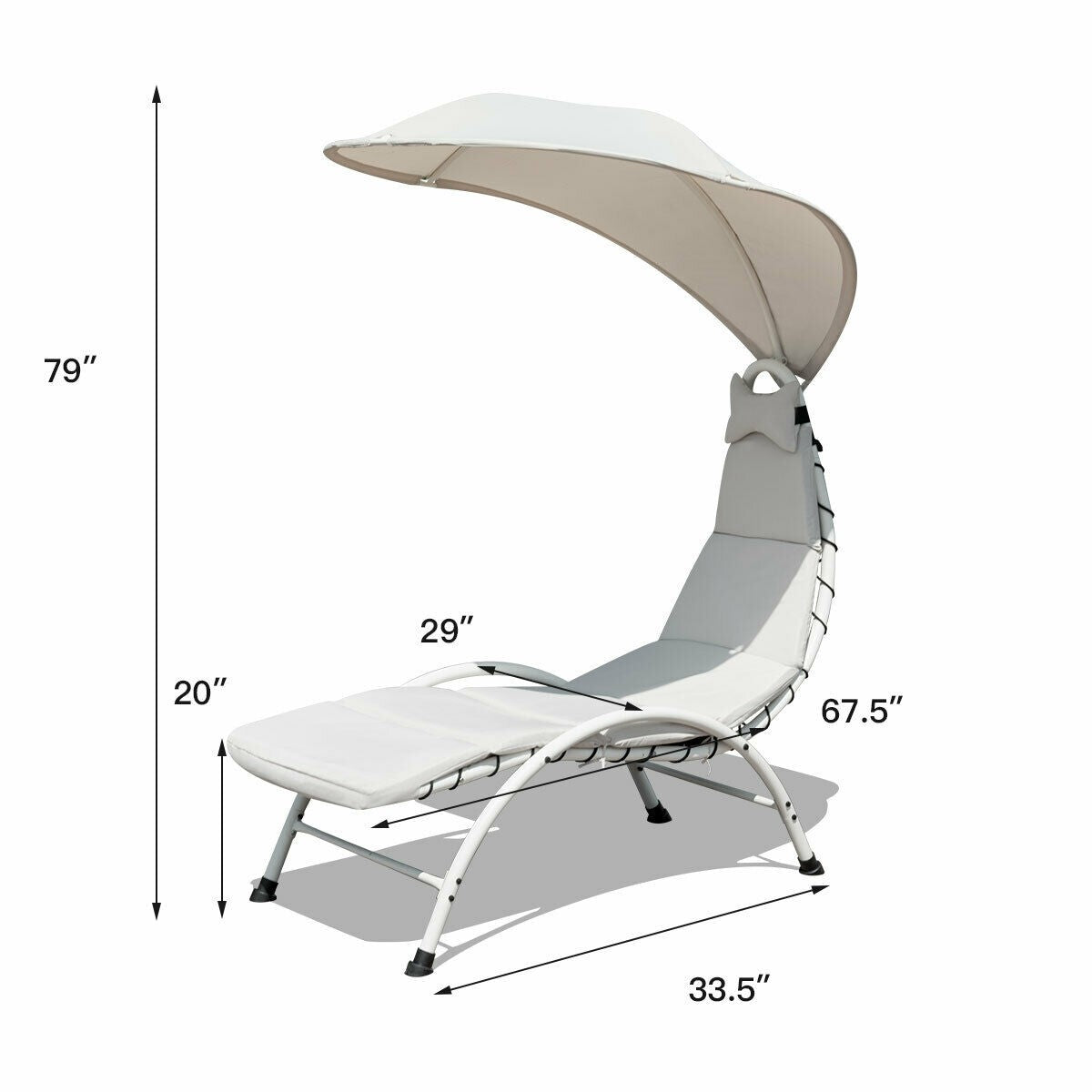 Lounger Chair w/ Canopy, Removable Headrest, Patio Chaise with Cushion (Beige)