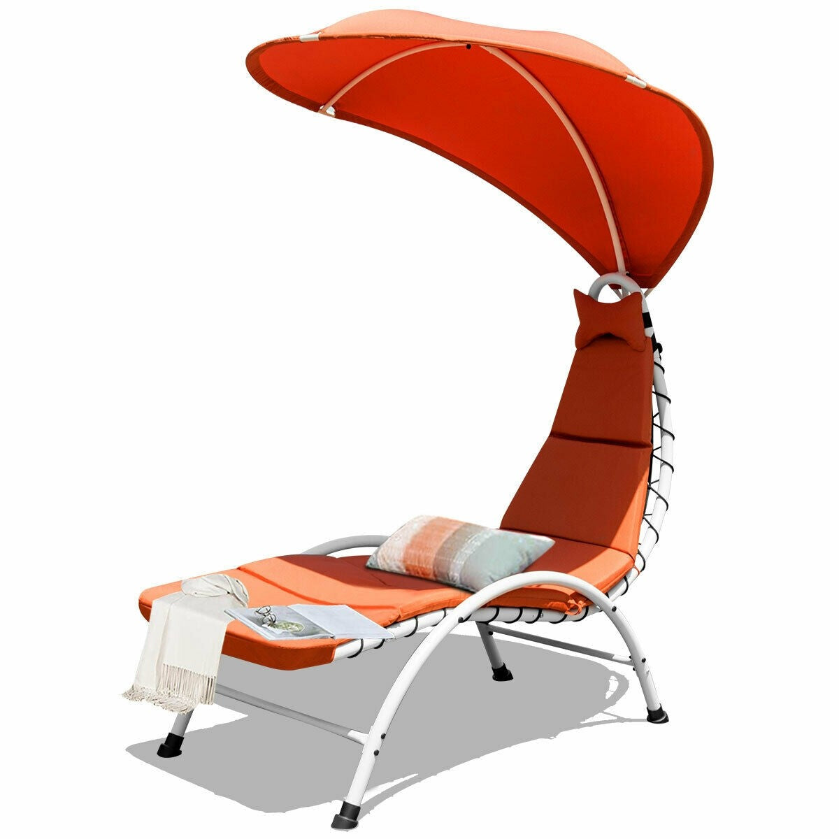 Lounger Chair w/ Canopy, Removable Headrest, Patio Chaise with Cushion (Beige)