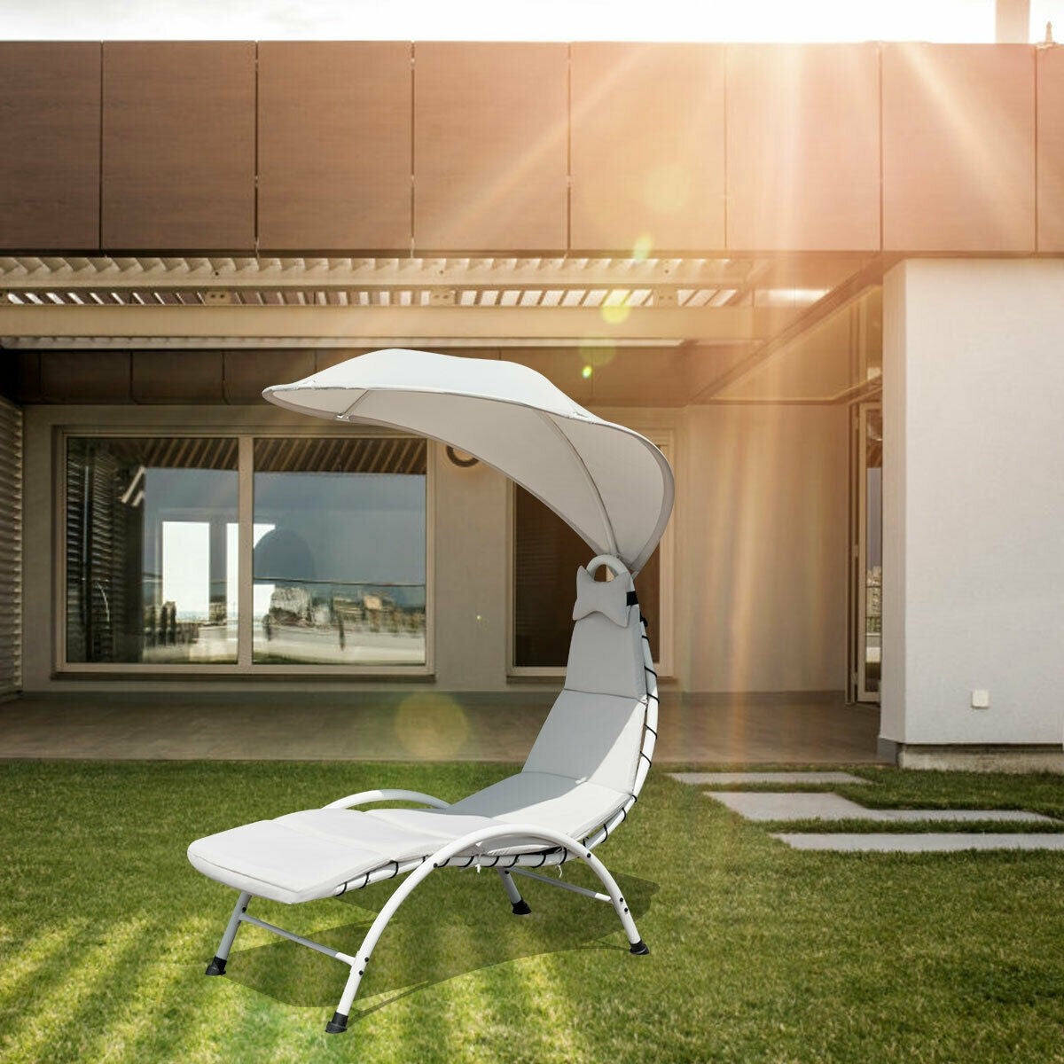 Lounger Chair w/ Canopy, Removable Headrest, Patio Chaise with Cushion (Beige)