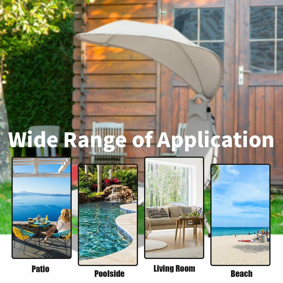 Lounger Chair w/ Canopy, Removable Headrest, Patio Chaise with Cushion (Beige)