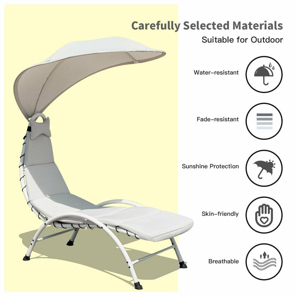 Lounger Chair w/ Canopy, Removable Headrest, Patio Chaise with Cushion (Beige)