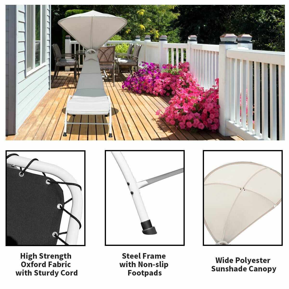 Lounger Chair w/ Canopy, Removable Headrest, Patio Chaise with Cushion (Beige)