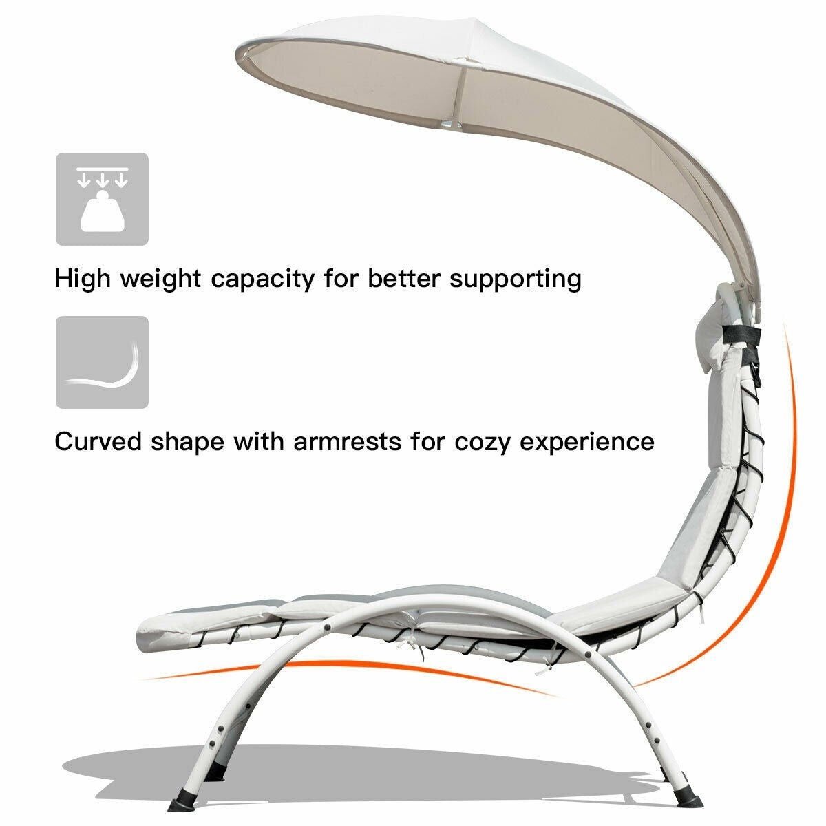 Lounger Chair w/ Canopy, Removable Headrest, Patio Chaise with Cushion (Beige)