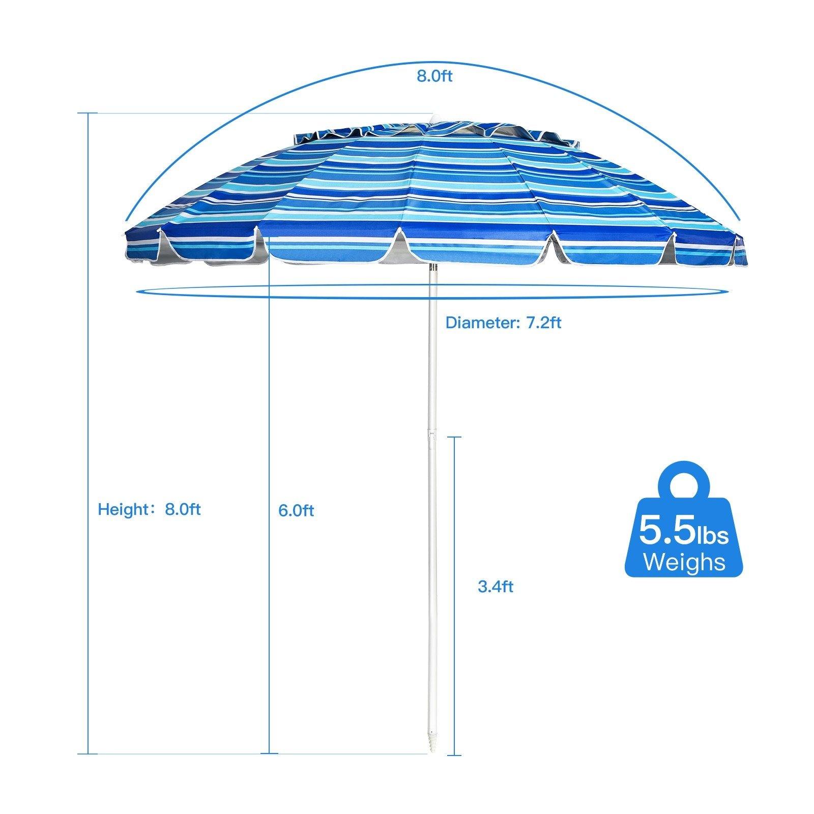 8 Ft Beach Umbrella, Patio Sunshade Umbrella with Sand Anchor & Tilt Mechanism, 16 Fiberglass Ribs - Giantexus