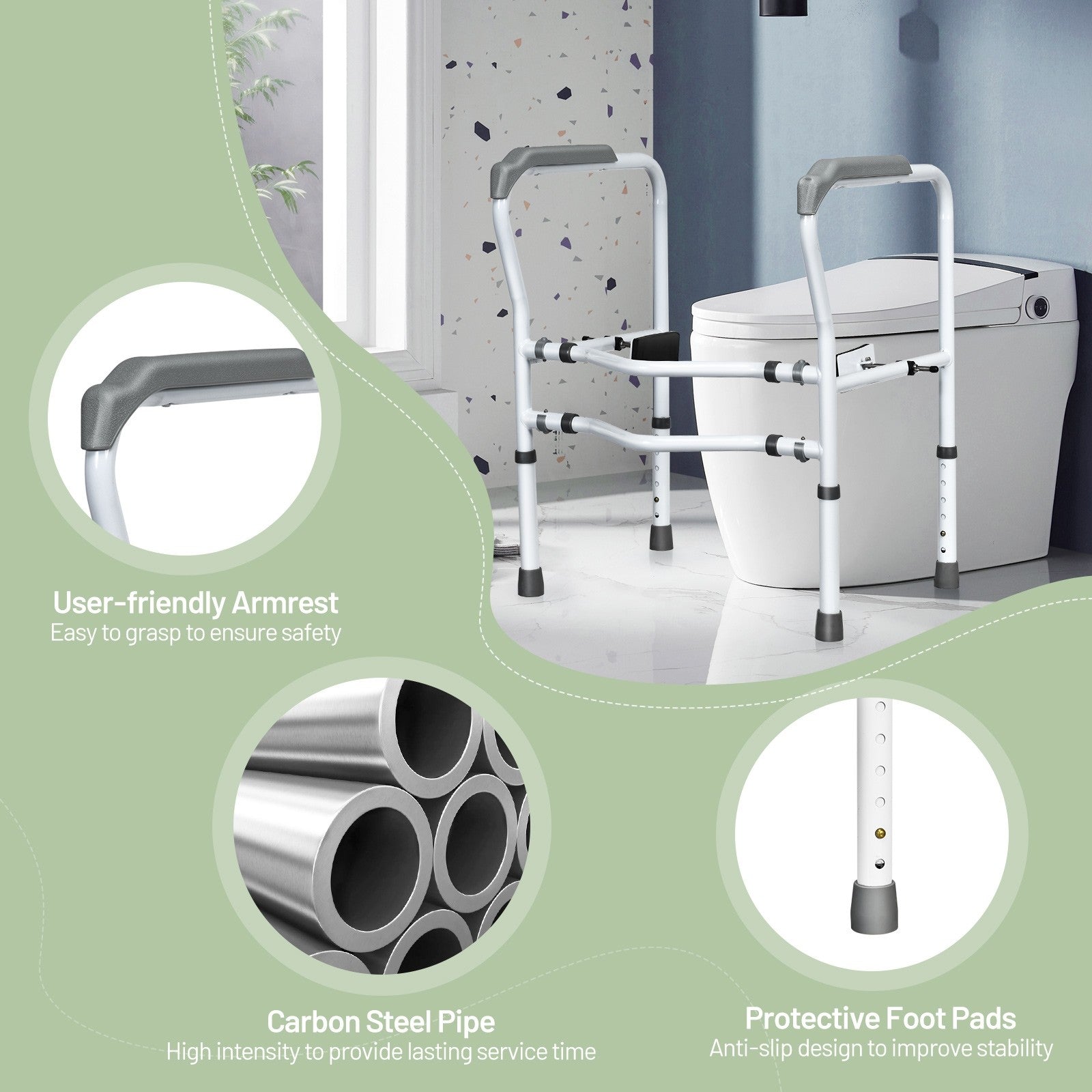 Toilet Safety Rail Free Standing Safety Assist Frame W/ 360 degree Rotatable Clip