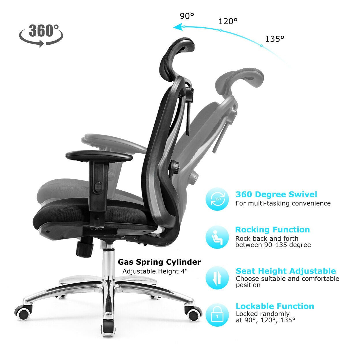  Dripex Ergonomic Office Chair, High Back Desk Chair, Computer  Mesh Chair with Lumbar Support, Adjustable Headrest & 2D Armrest,  90°-135°Tilt Function, 360° Swivel Home Office Task Chair, Black : Office  Products