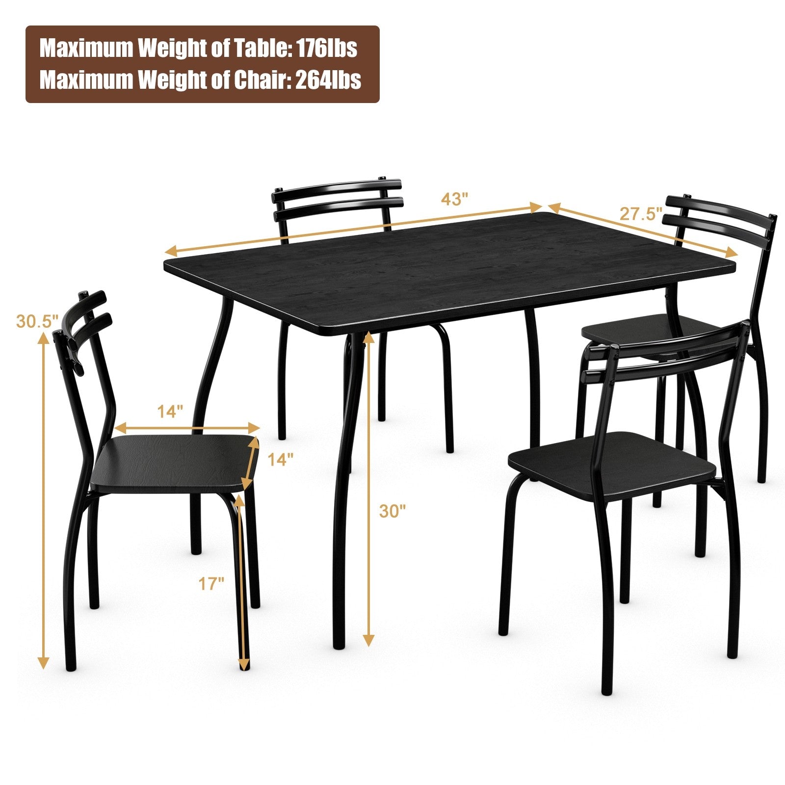 Giantex 5Pcs Dining Table Set for 4, Modern Metal and Wood Indoor Rectangular Dining Table Furniture