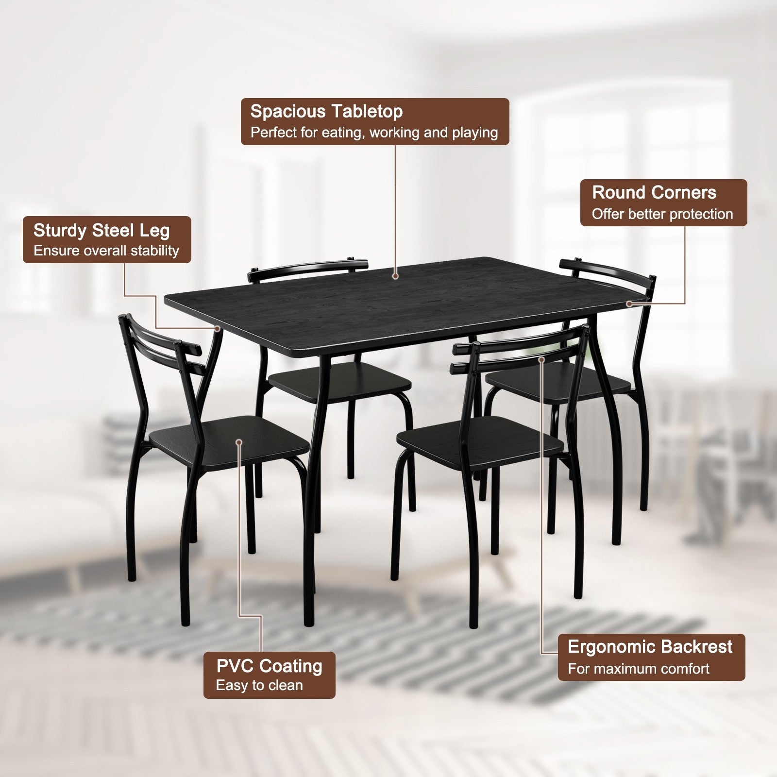 Giantex 5Pcs Dining Table Set for 4, Modern Metal and Wood Indoor Rectangular Dining Table Furniture