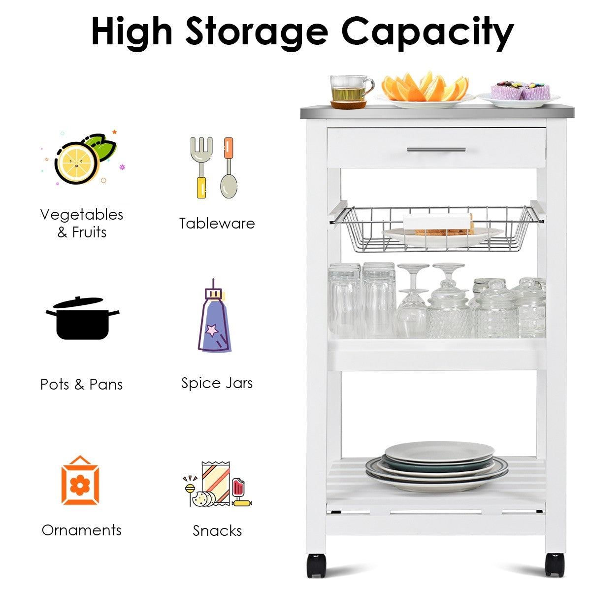 Giantex Kitchen Island Cart Rolling Kitchen Trolley with Stainless Steel Tabletop