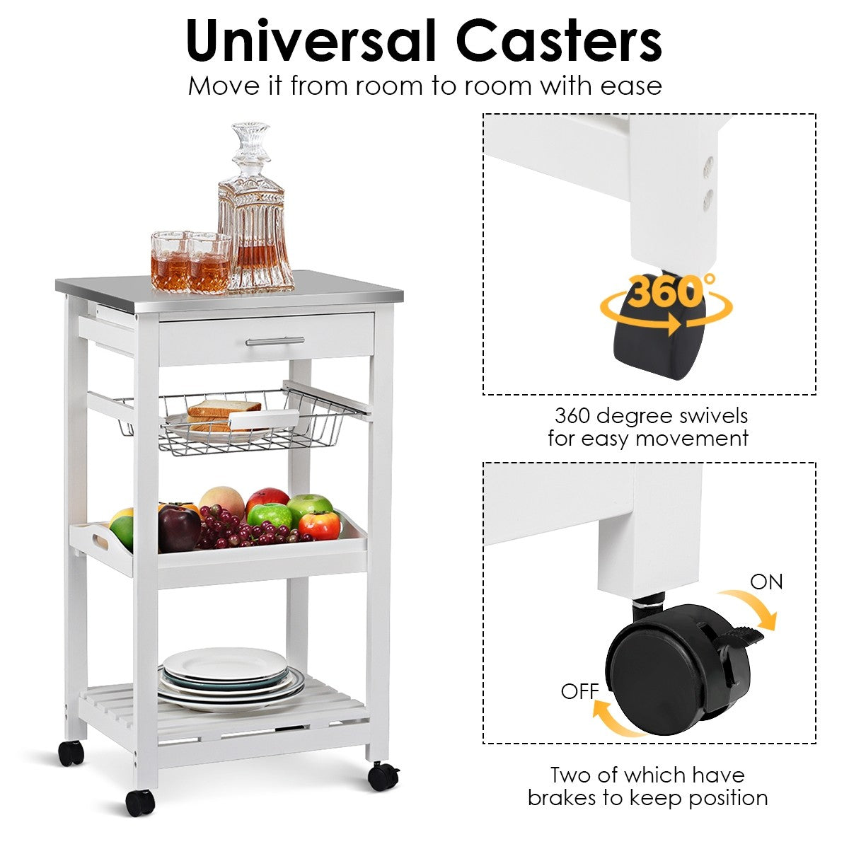 Giantex Kitchen Island Cart Rolling Kitchen Trolley with Stainless Steel Tabletop (White)