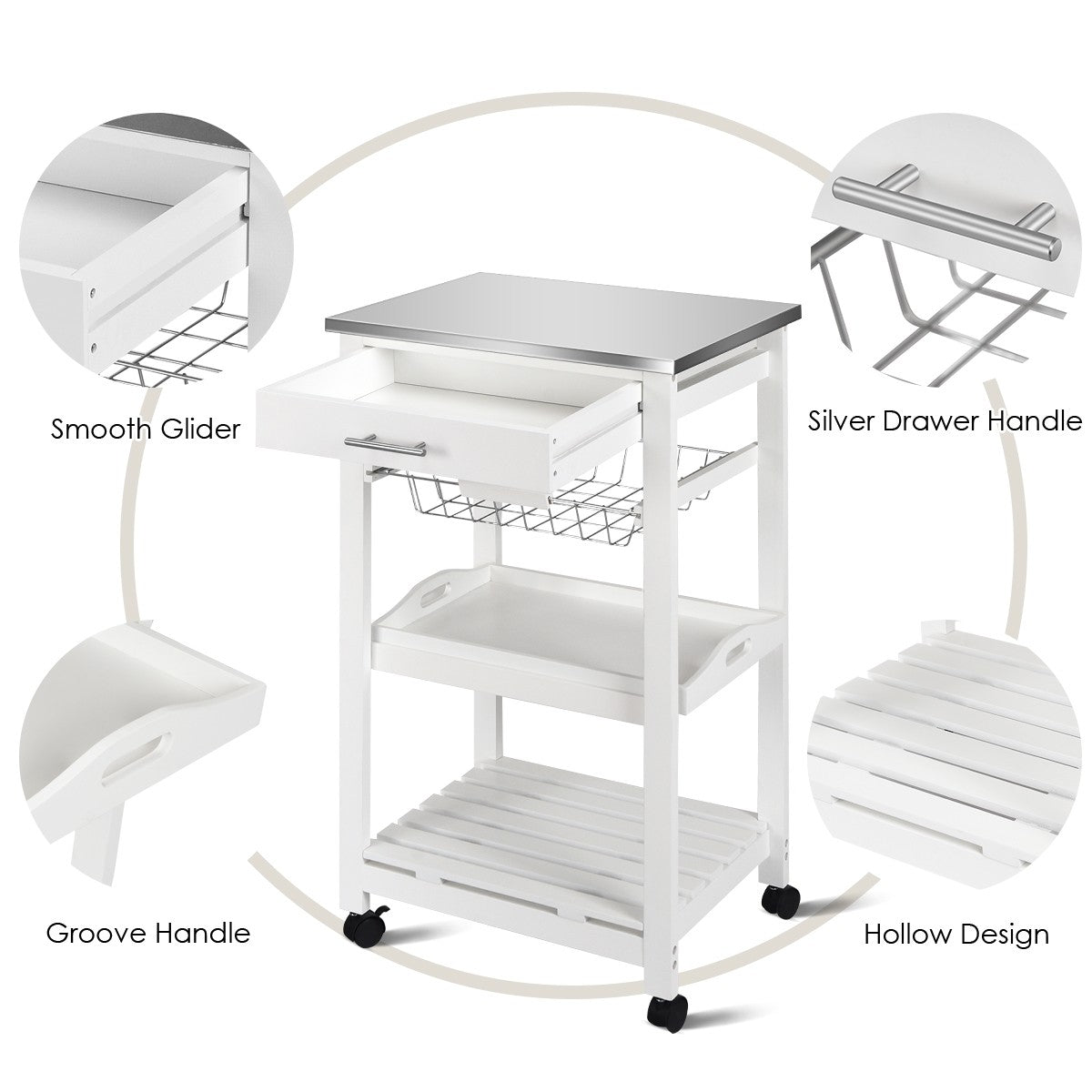 Giantex Kitchen Island Cart Rolling Kitchen Trolley with Stainless Steel Tabletop