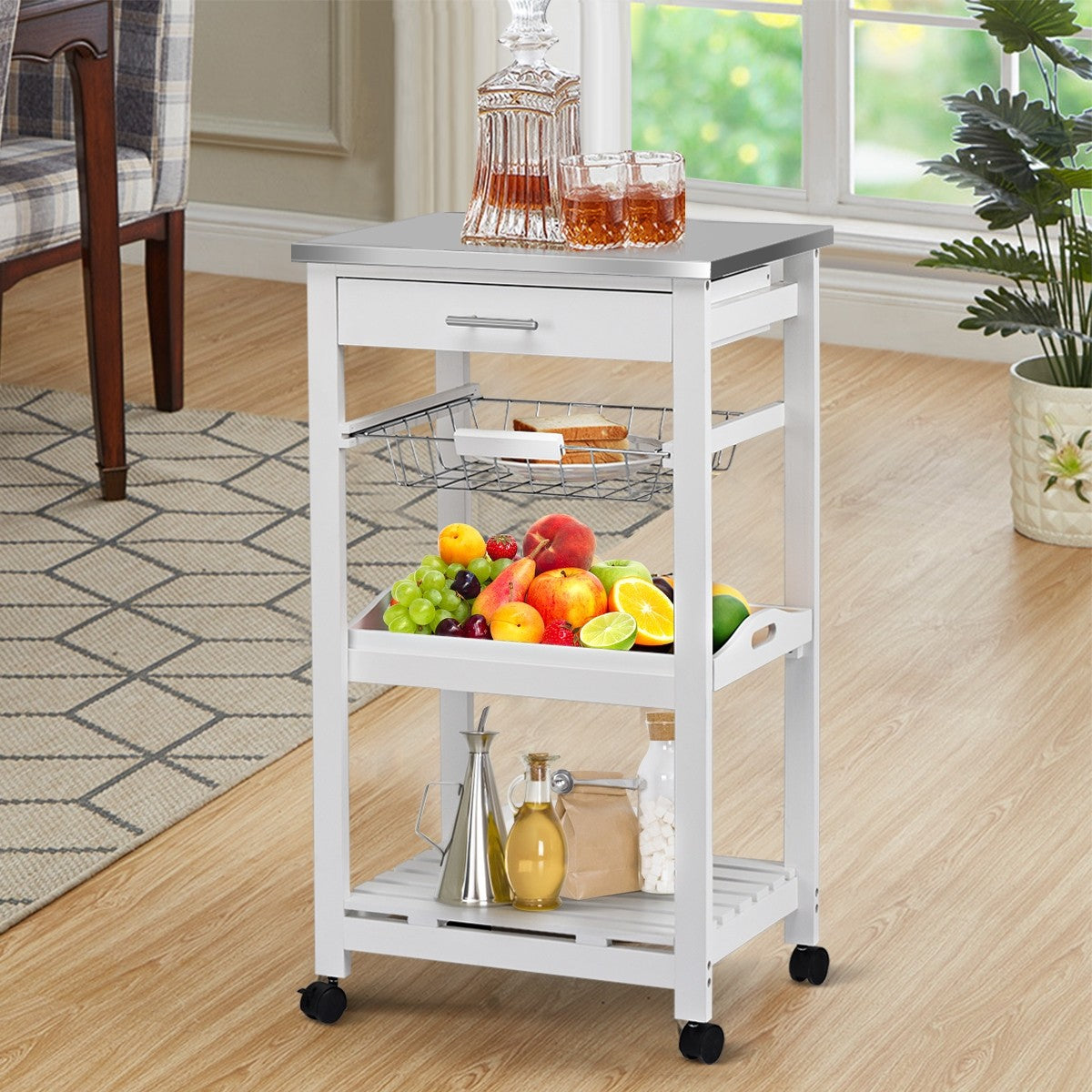 Cheflaud Rolling Kitchen Storage Cart Island with Large Open Shelves and Large Worktop, 3-Tier Kitchen Baker’s Rack with 10 Hooks, Stable Steel