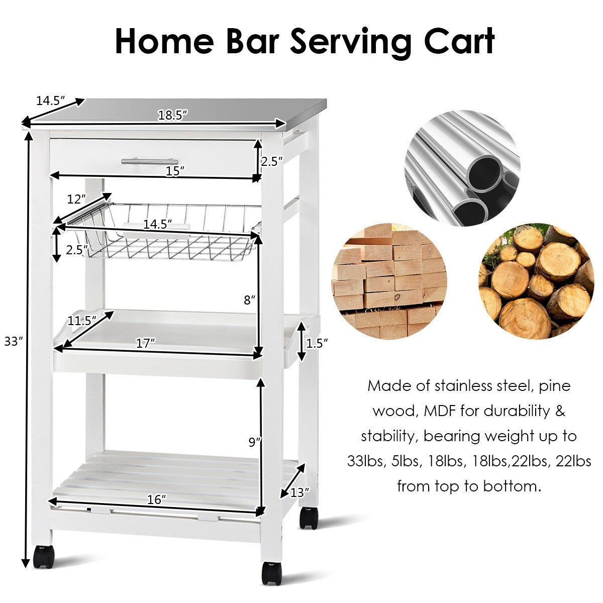 Giantex Kitchen Island Cart Rolling Kitchen Trolley with Stainless Steel Tabletop