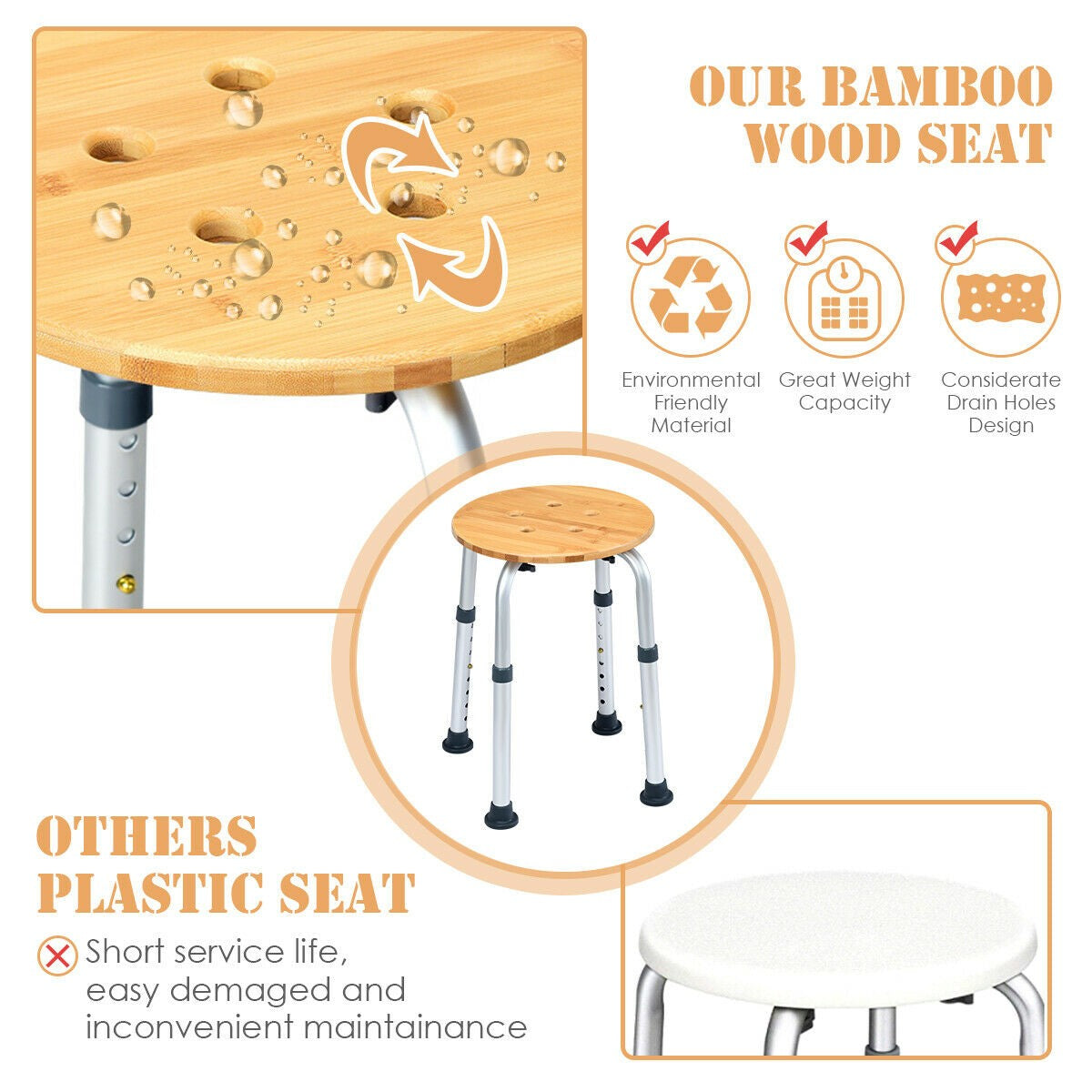 Bamboo Shower Seat Bench Round Shower Seat - Giantexus