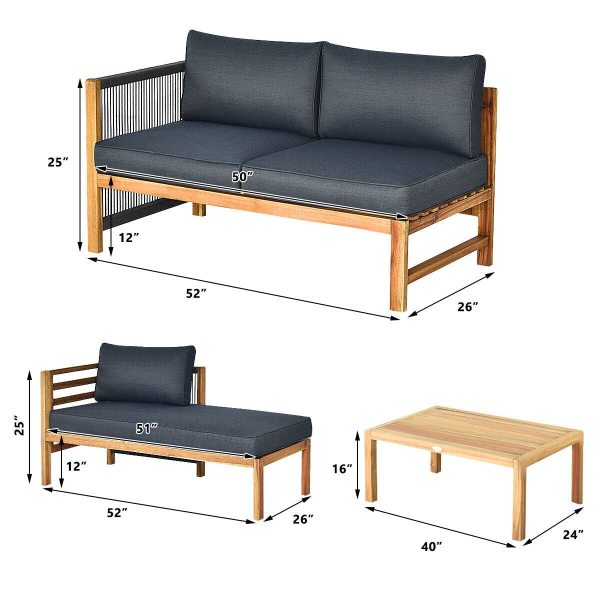 Giantex 3 Piece Outdoor Patio Furniture Set, Acacia Wood Sectional Sofa w/ Seat Cushions (Grey)