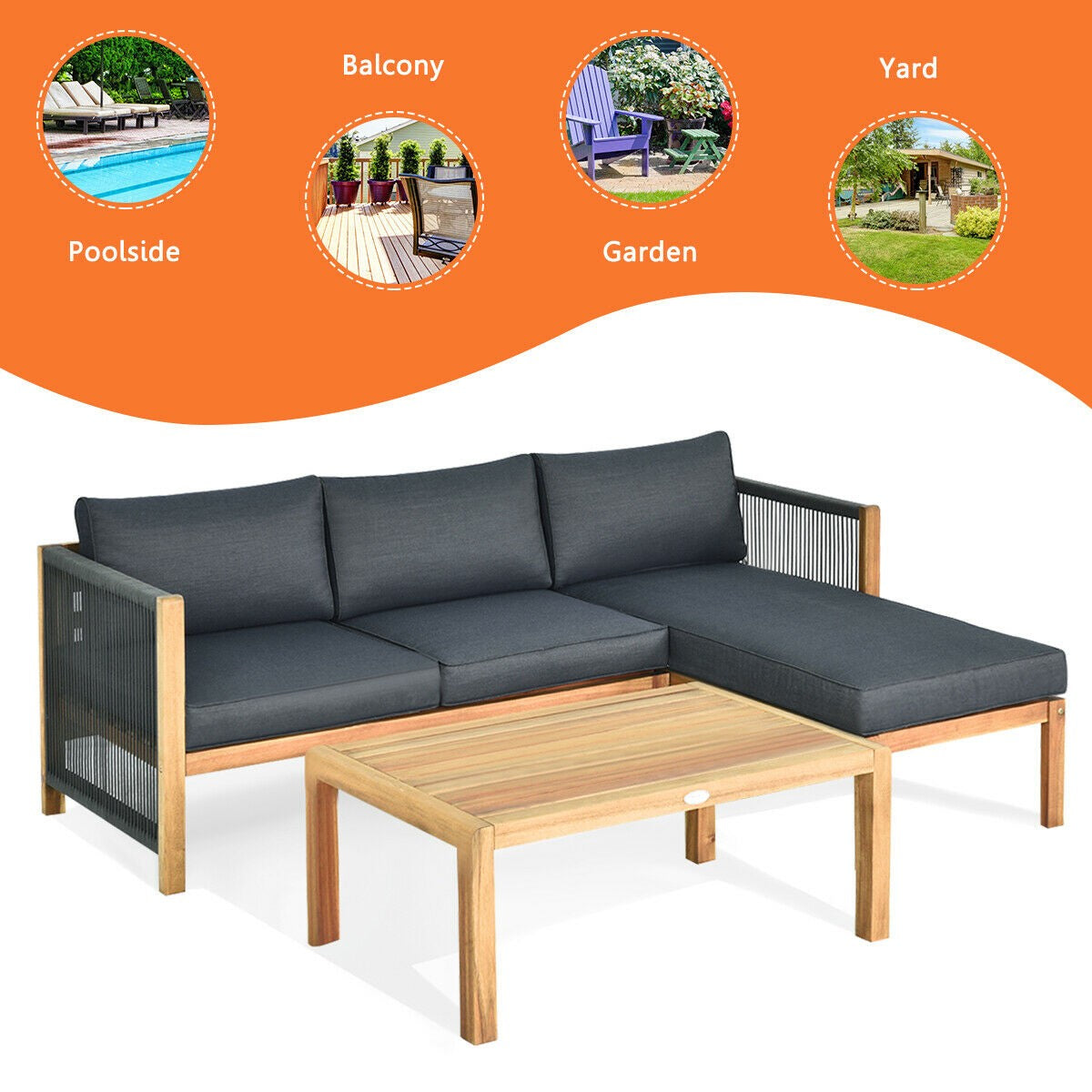 Giantex 3 Piece Outdoor Patio Furniture Set, Acacia Wood Sectional Sofa w/ Seat Cushions (Grey)