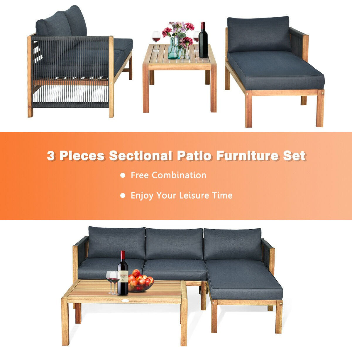 Giantex 3 Piece Outdoor Patio Furniture Set, Acacia Wood Sectional Sofa w/ Seat Cushions (Grey)