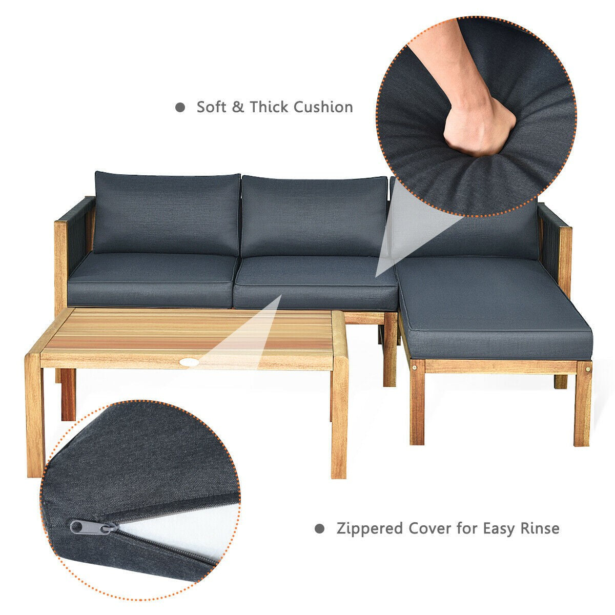 Giantex 3 Piece Outdoor Patio Furniture Set, Acacia Wood Sectional Sofa w/ Seat Cushions (Grey)
