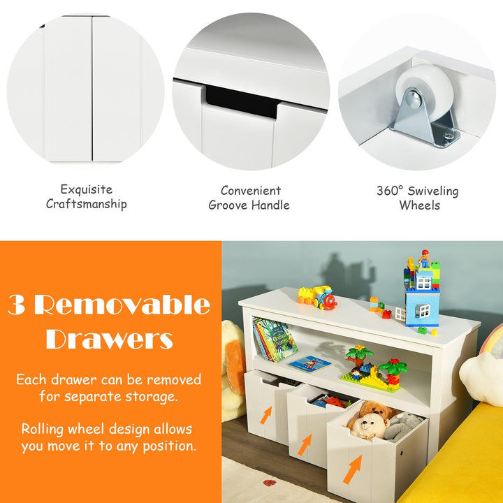 Storage Cabinet with 3 Removable Drawers Rolling Wheels and Open Shelf