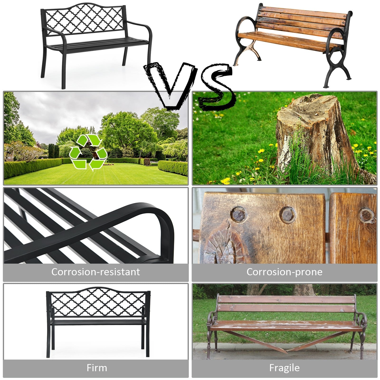 Giantex 50" Patio Garden Bench Loveseats Park Yard Furniture (Black Style 1)