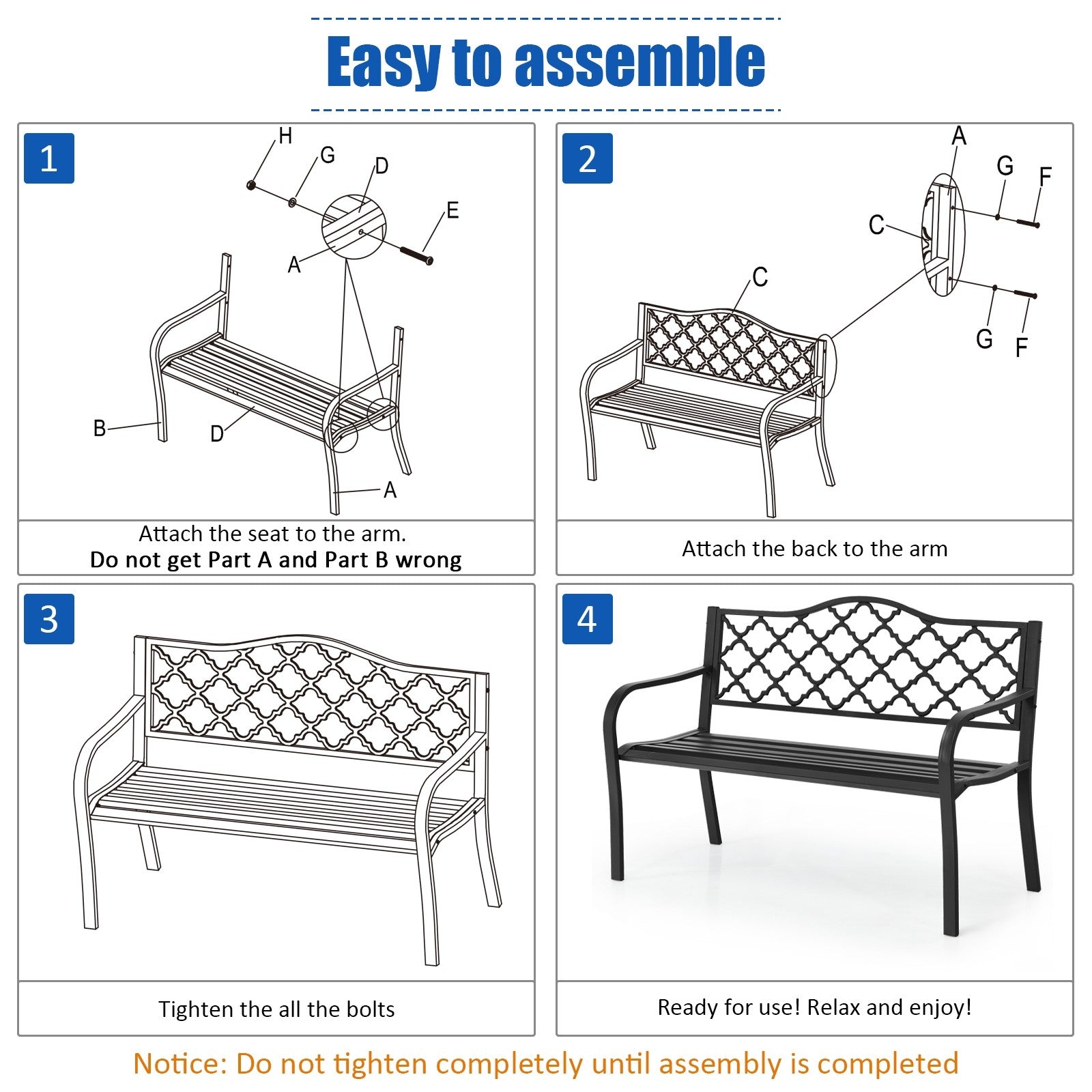 Giantex 50" Patio Garden Bench Loveseats Park Yard Furniture (Black Style 1)