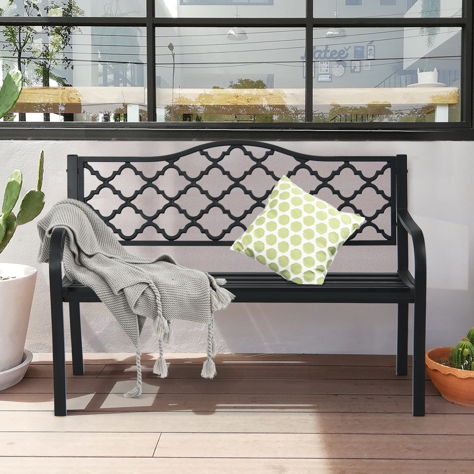 Giantex 50" Patio Garden Bench Loveseats Park Yard Furniture (Black Style 1)