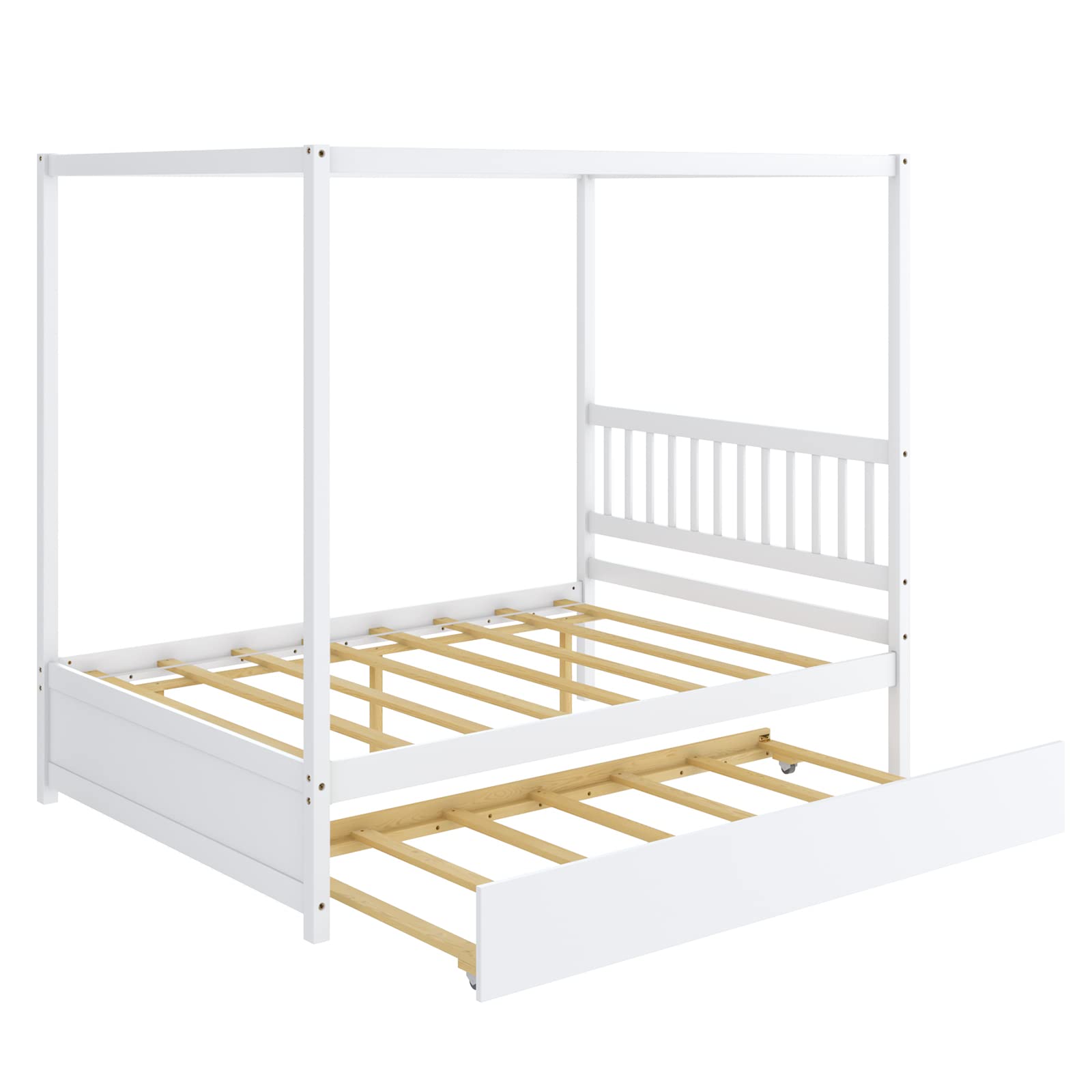 Giantex Canopy Bed w/ Trundle, Full Size Kids Solid Wood Platform Bed Frame