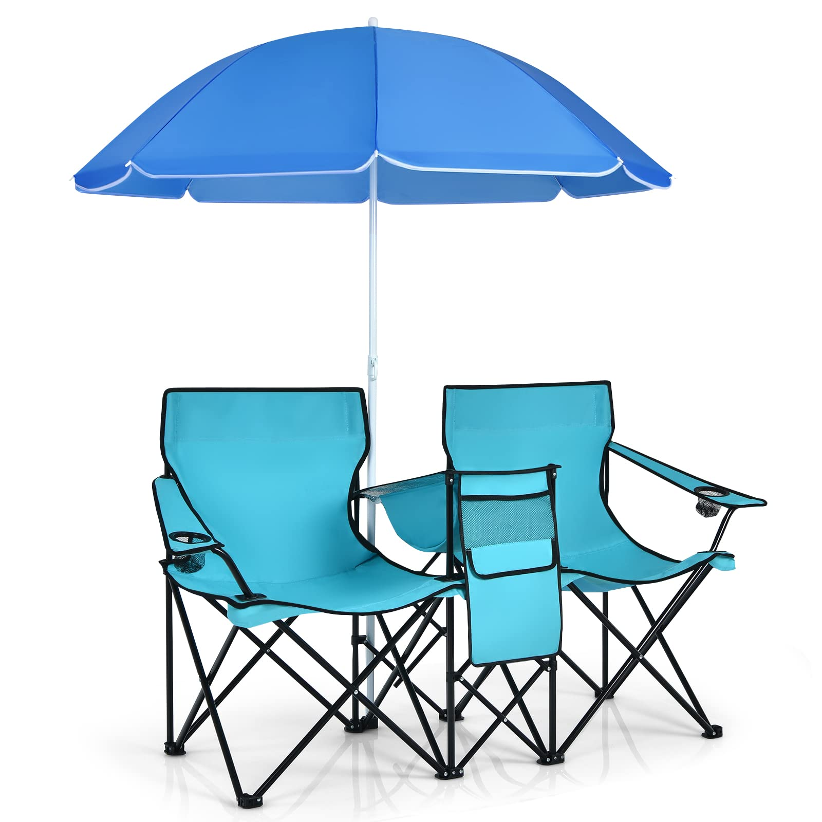 Costway Portable Folding Picnic Double Chair with Umbrella Turquoise