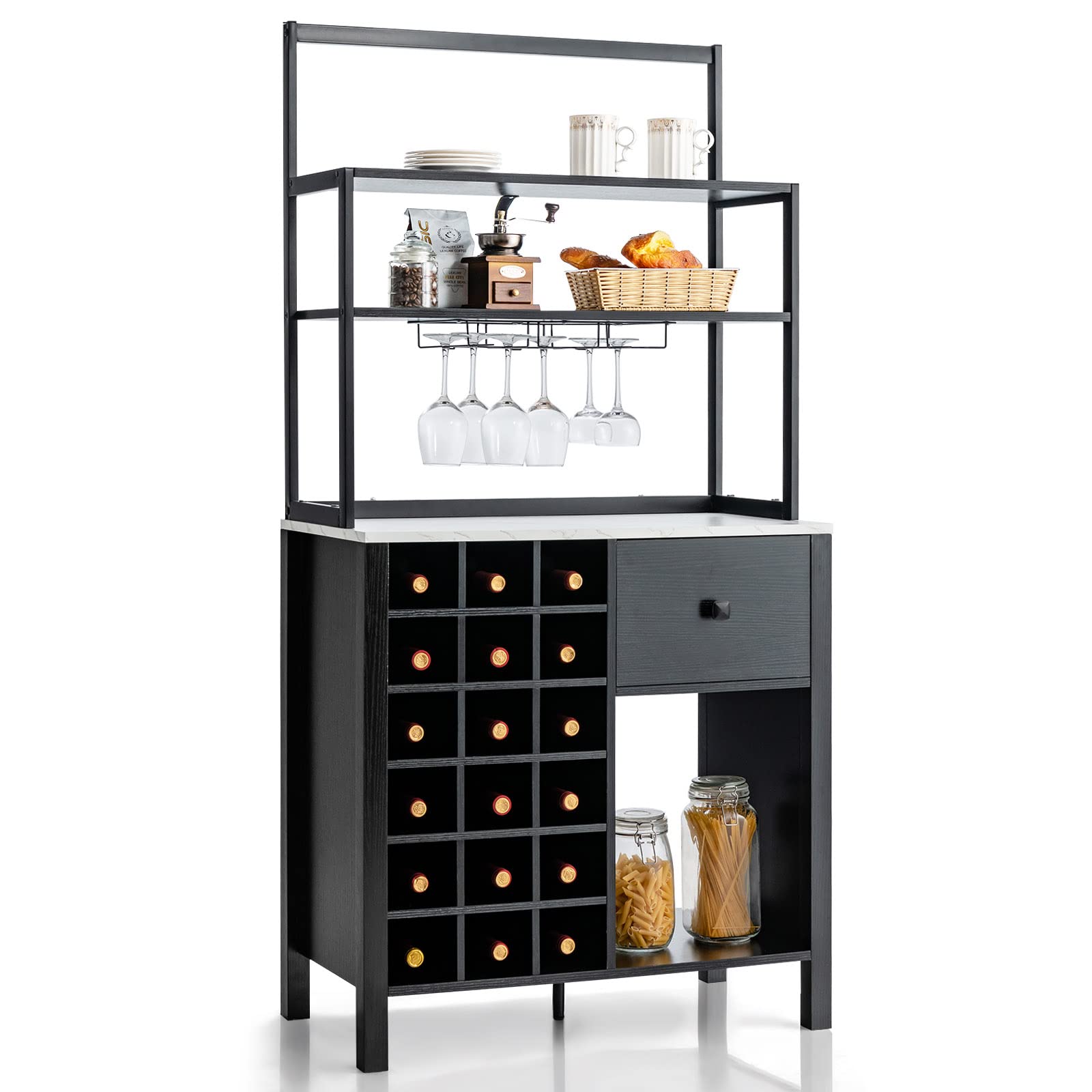 Giantex Sideboard with Hutch, 18 Bottles Wood Wine Rack, 1 Drawer, Standing 4-Tier Bakers Rack with Glass Holder