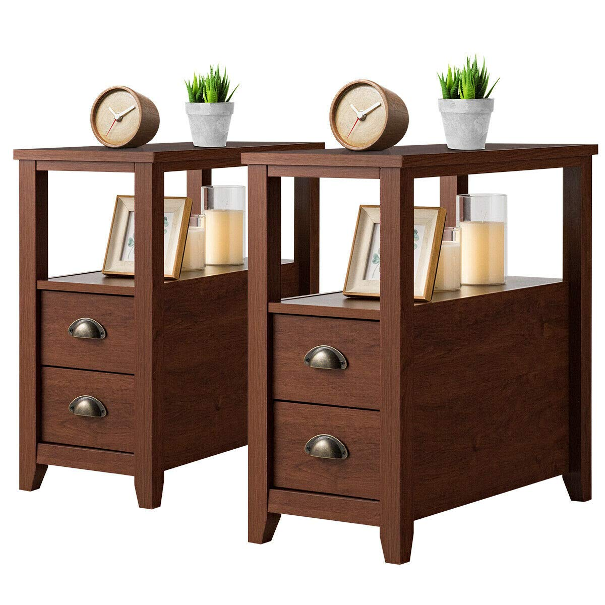 Giantex End Table Wooden W/ 2 Drawers and Shelf Space-Saving Rectangular Bedside Table
