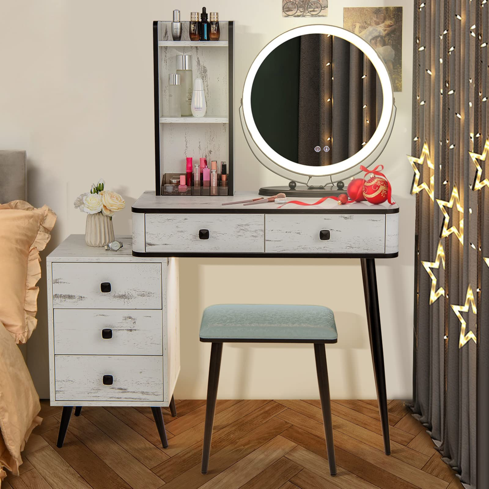 CHARMAID Vanity Table Set with 3-Color Dimmable Lighted Mirror