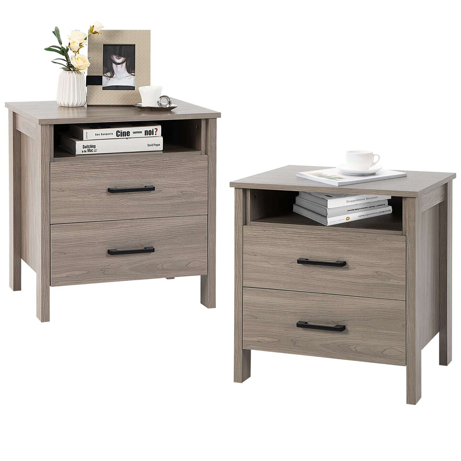 Giantex Nightstand w/2 Drawers, Set of 2 End Table w/Wood Grain