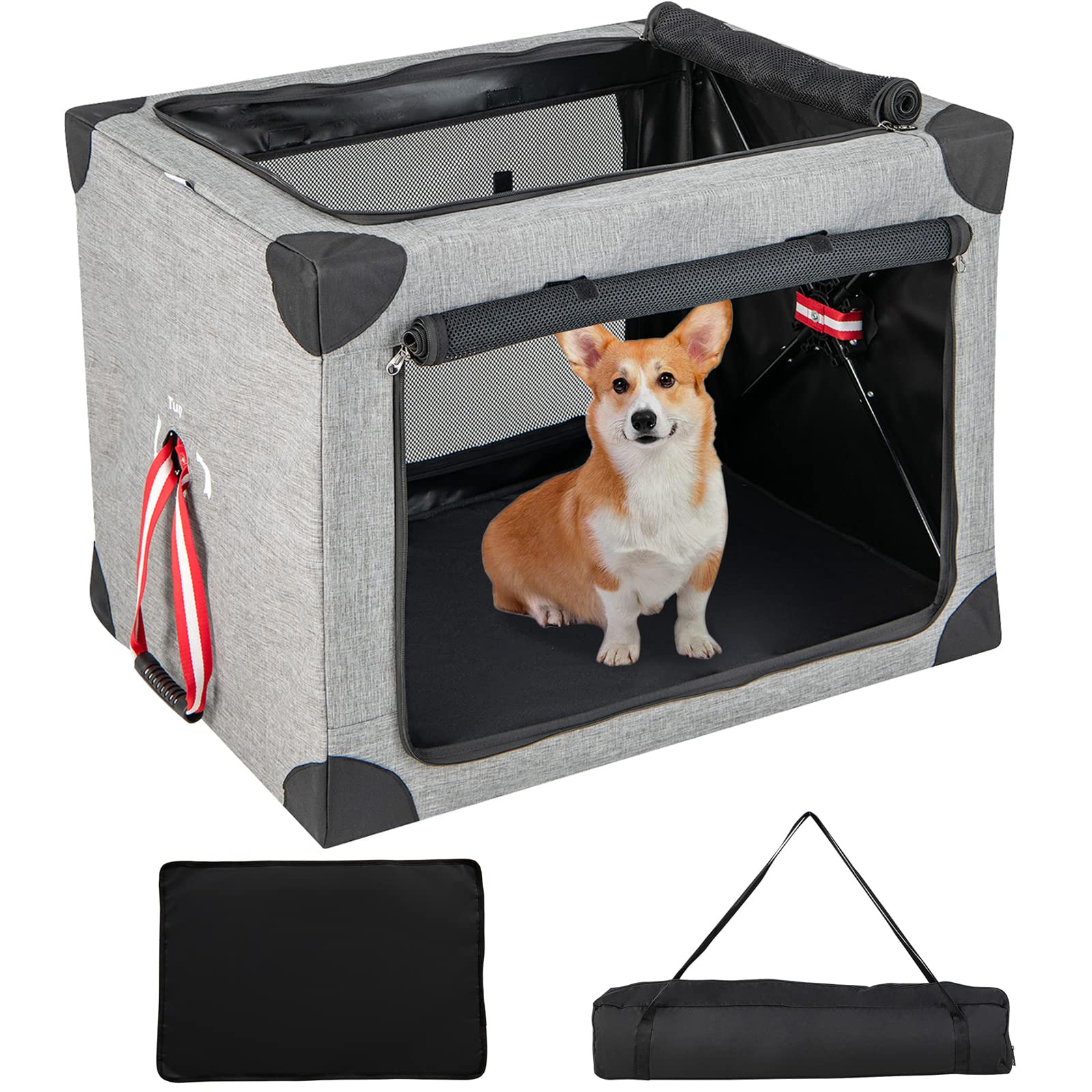 Giantex Folding Dog Soft Crate - Collapsible Pet Carry Case with 3 Mesh Doors