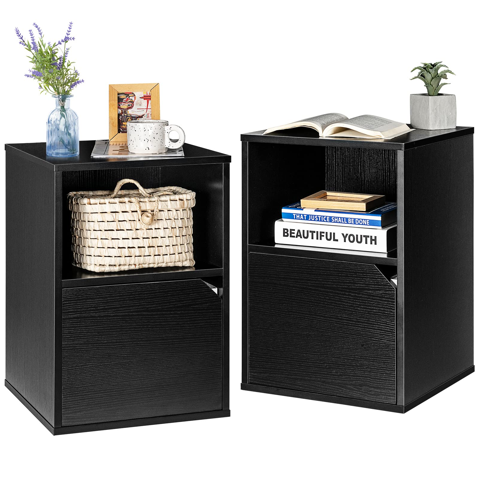 Giantex Set of 2 Nightstands, End Table Bedside Table w/Storage Cabinet and Open Shelf