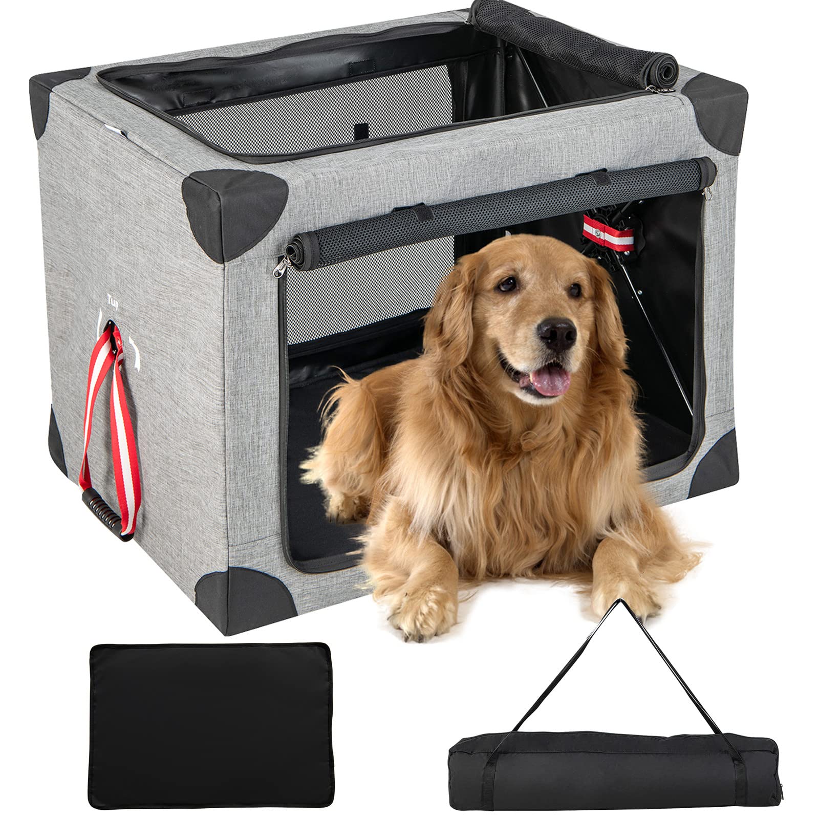 Giantex Folding Dog Soft Crate - Collapsible Pet Carry Case with 3 Mesh Doors, Extra Large: 37L x 26W x 26H