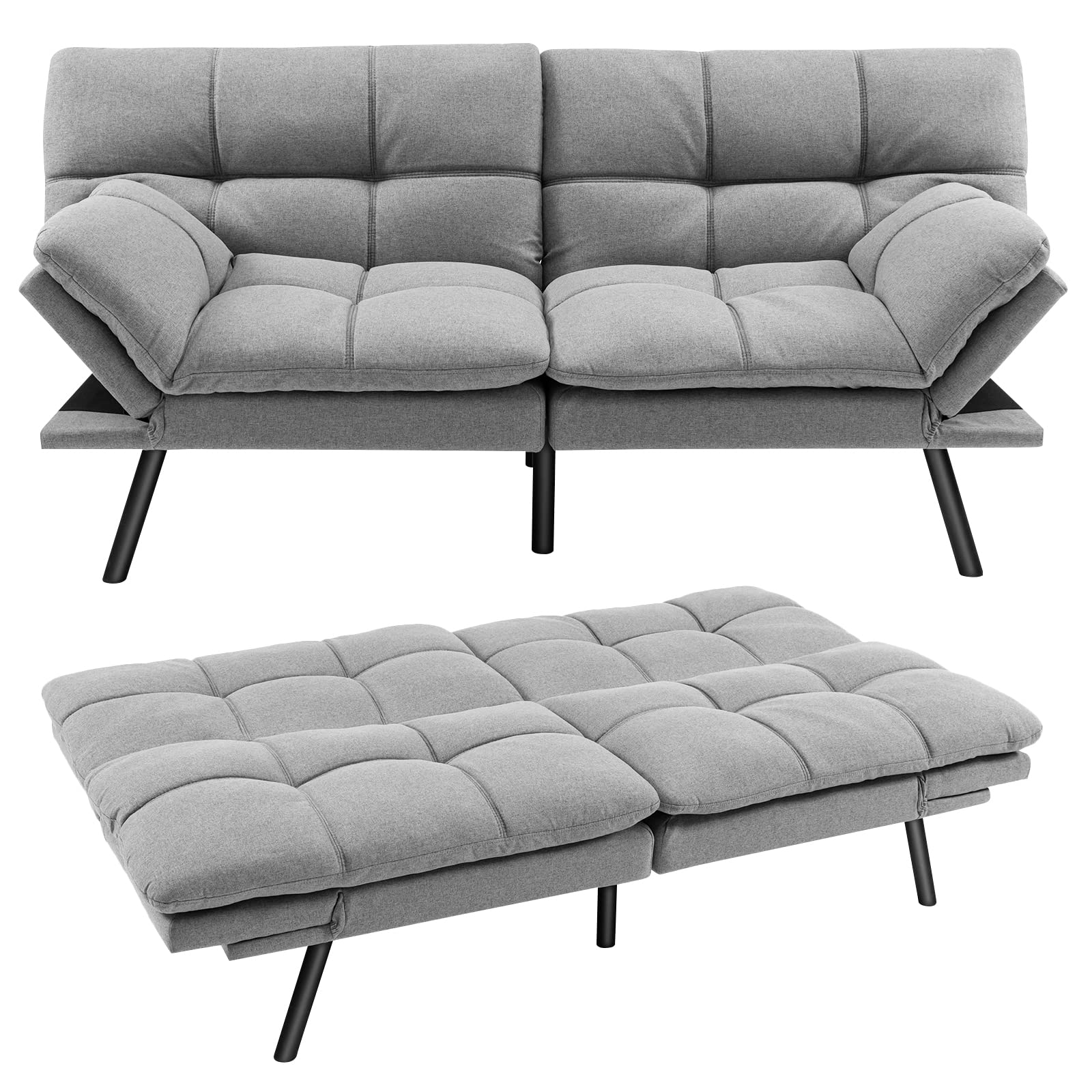 Convertible Memory Foam Futon Couch Sleeper, Grey - Giantex