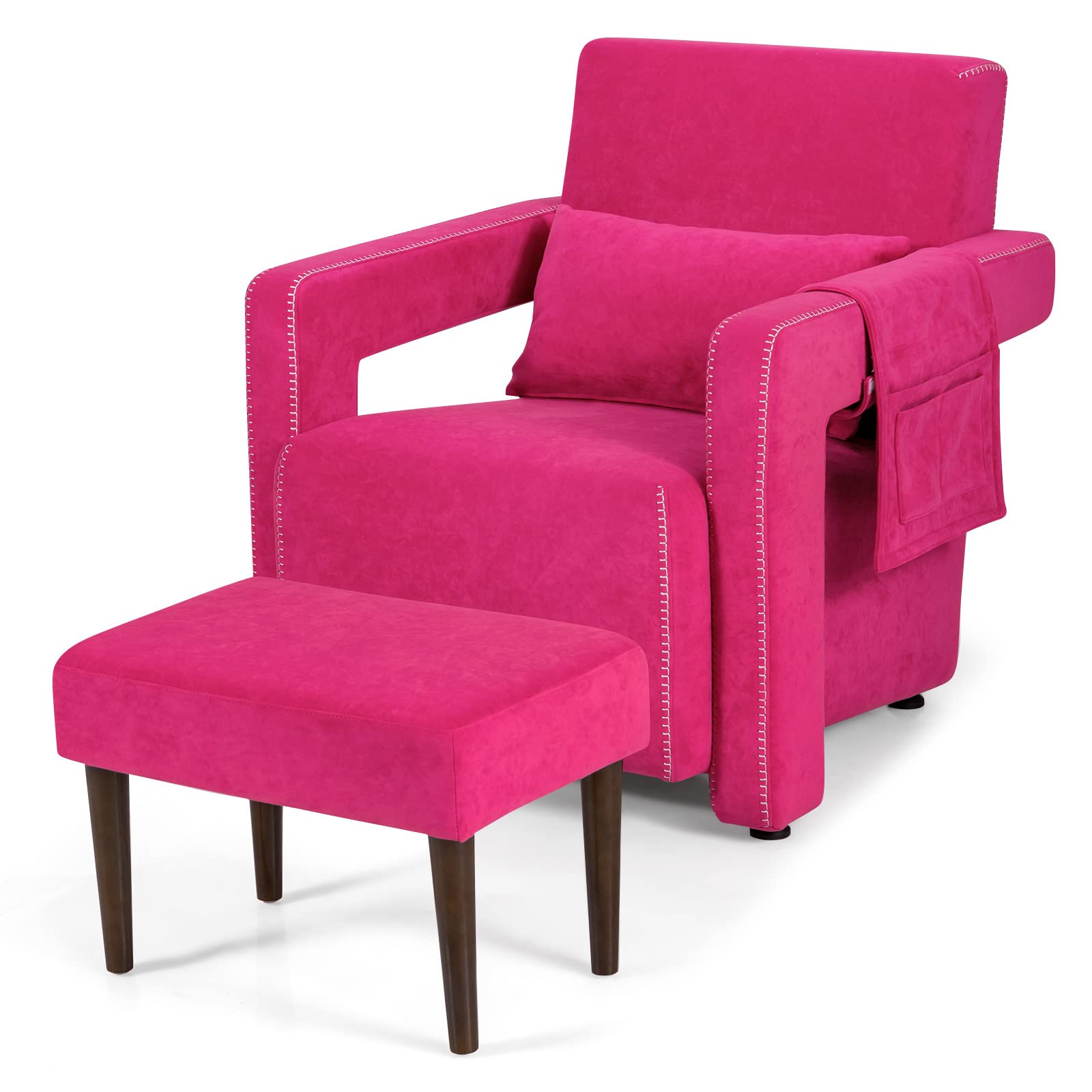 Giantex Modern Accent Chair with Ottoman, Soft Berber Fleece Armchair Single Sofa and Footstool Set w/Waist Pillow