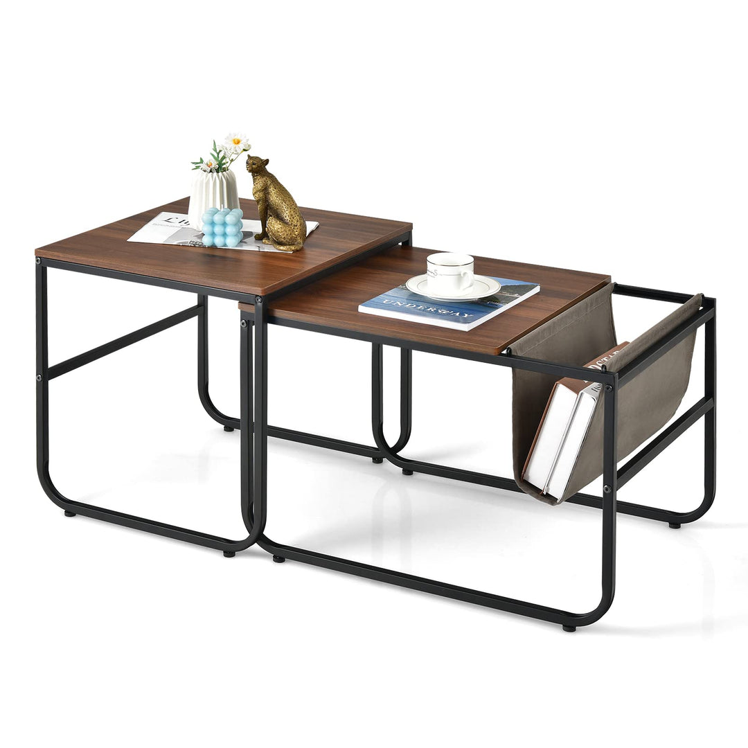 Nesting Coffee Table Set of 2, Stackable Side Table w/Side Pocket