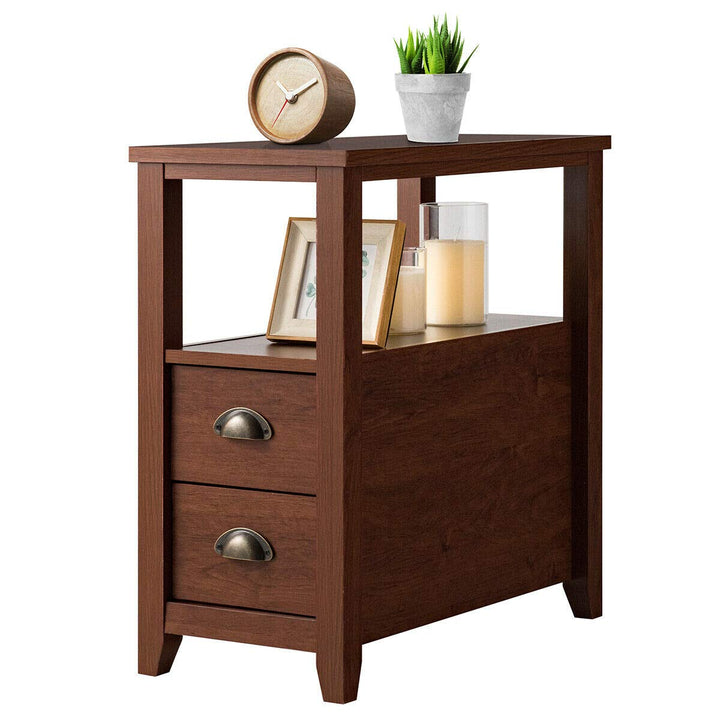 Giantex End Table Wooden W/ 2 Drawers and Shelf Space-Saving Rectangular Bedside Table