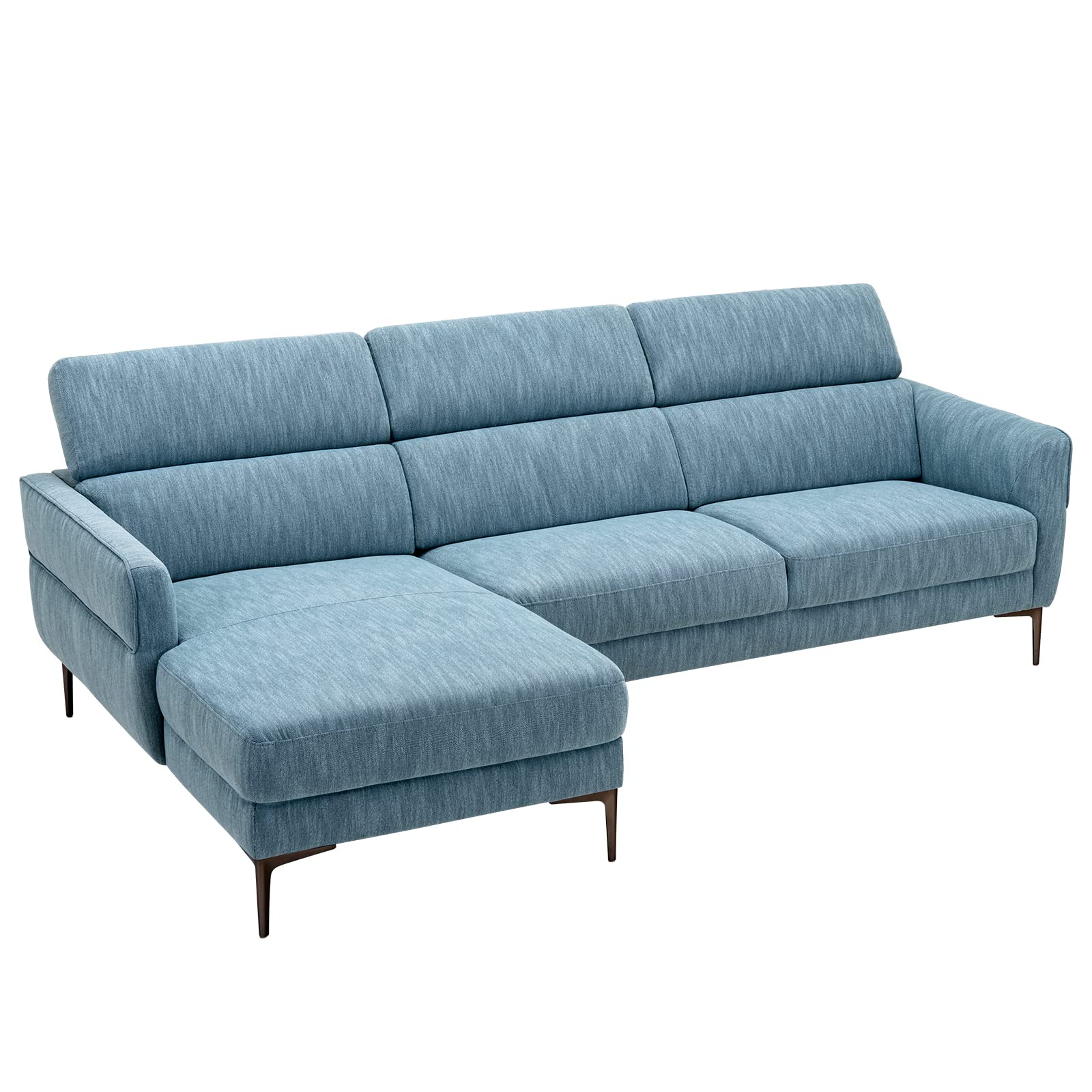 Giantex L-Shaped Sofa Couch, 3-Seat Upholstered Sofa with Wide Chaise Lounge, Adjustable Headrest, Blue