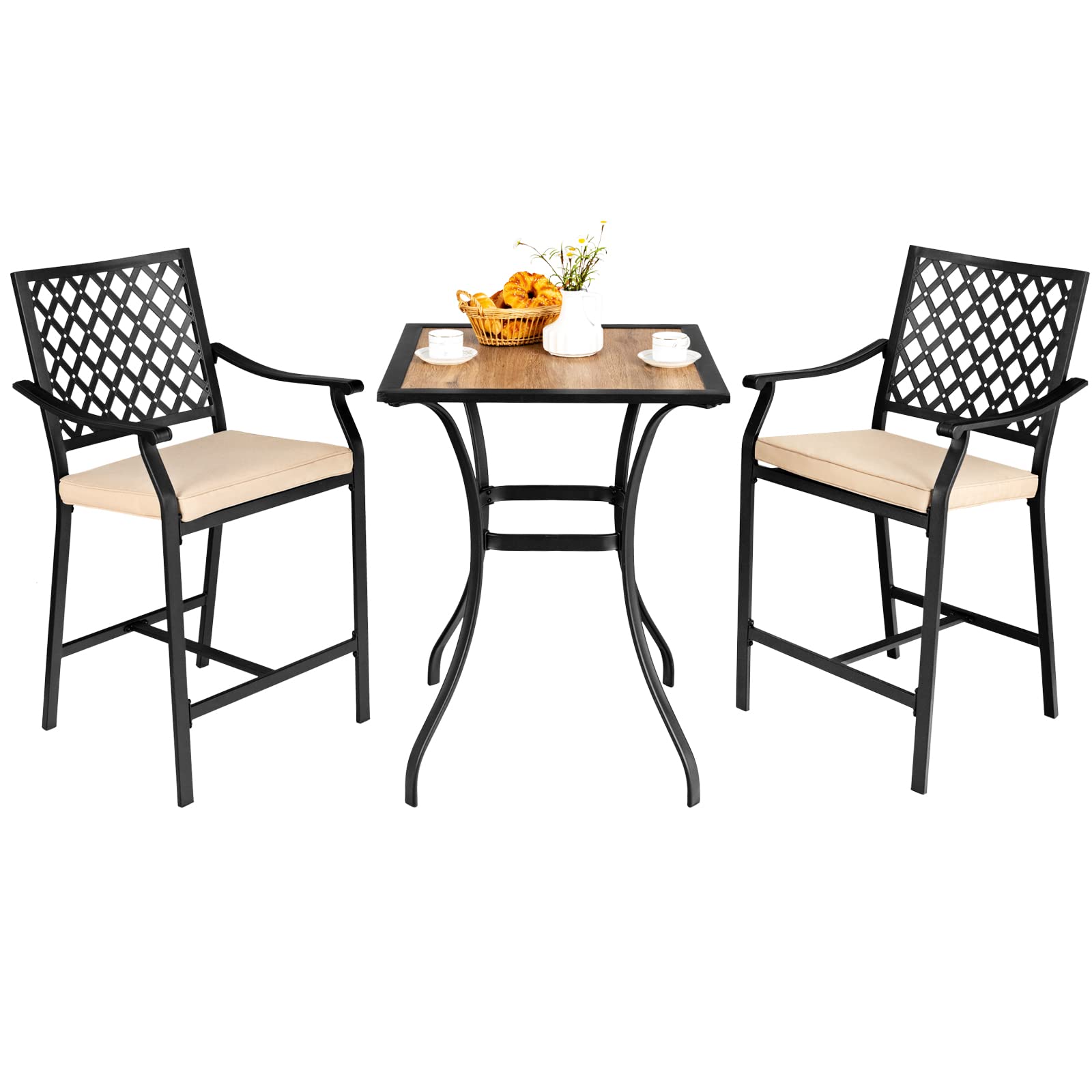 3 Piece Patio Bar Table Set Outdoor Square Bistro Bar Table High Chairs with Cushion Metal Stool