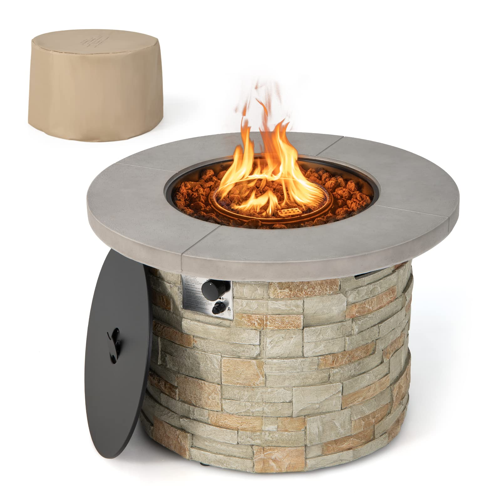 Propane Gas Fire Pit Table - 2-in-1 Outdoor 36" Round Fire Table W/ Volcanic Rock & PVC Cover